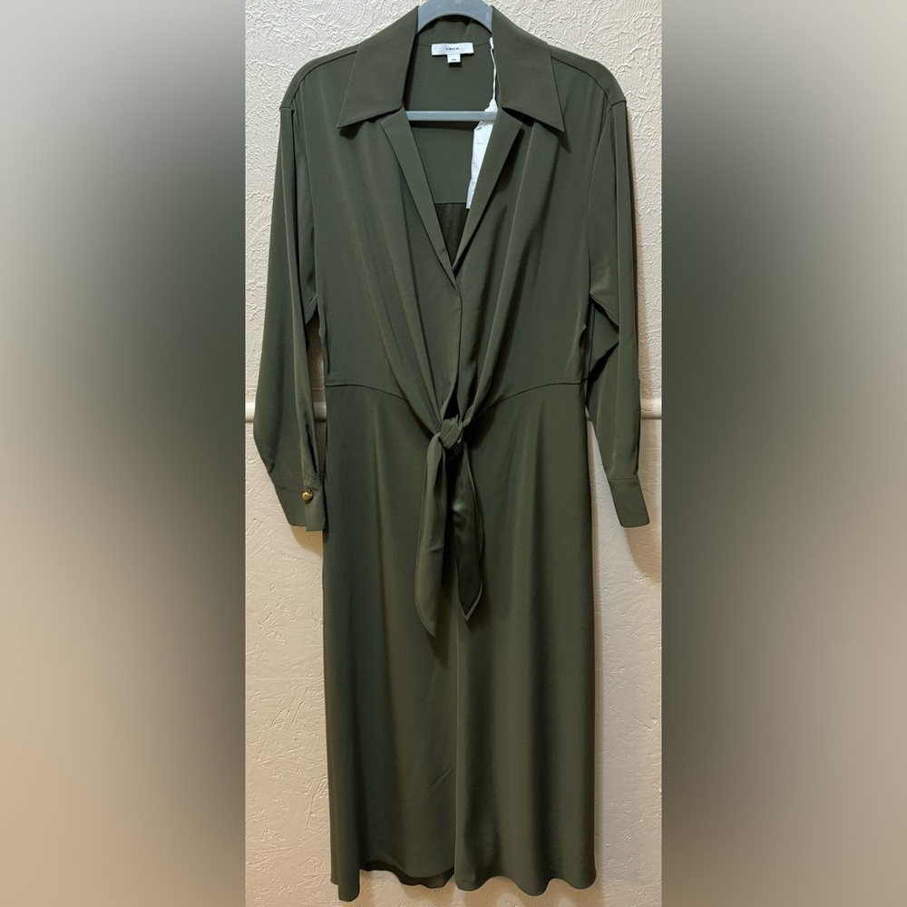 Vince NWT Olive Green Tie Front Midi Dress Business Quiet luxury Medium $525